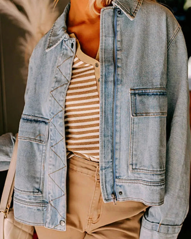 Zip Up Drop Shoulder Denim Jacket - Trendsi