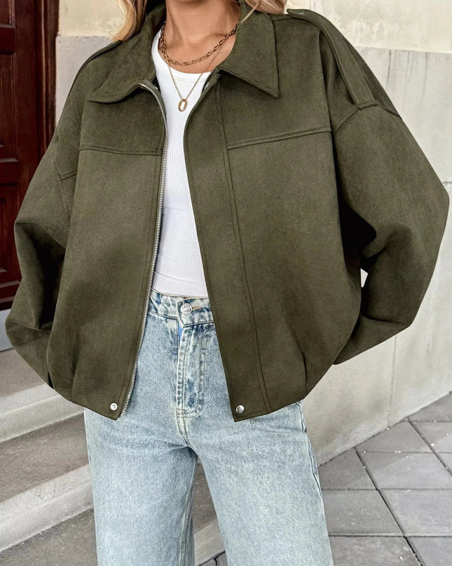 Zip Up Drop Shoulder Jacket - Trendsi