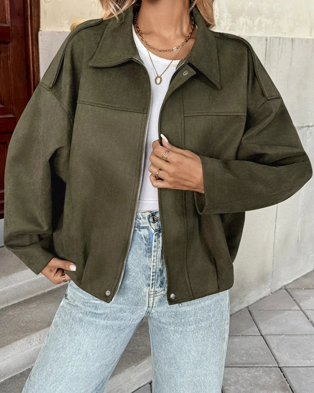 Zip Up Drop Shoulder Jacket - Trendsi