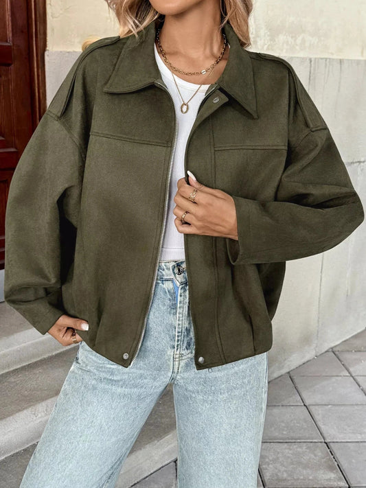 Zip Up Drop Shoulder Jacket - Trendsi