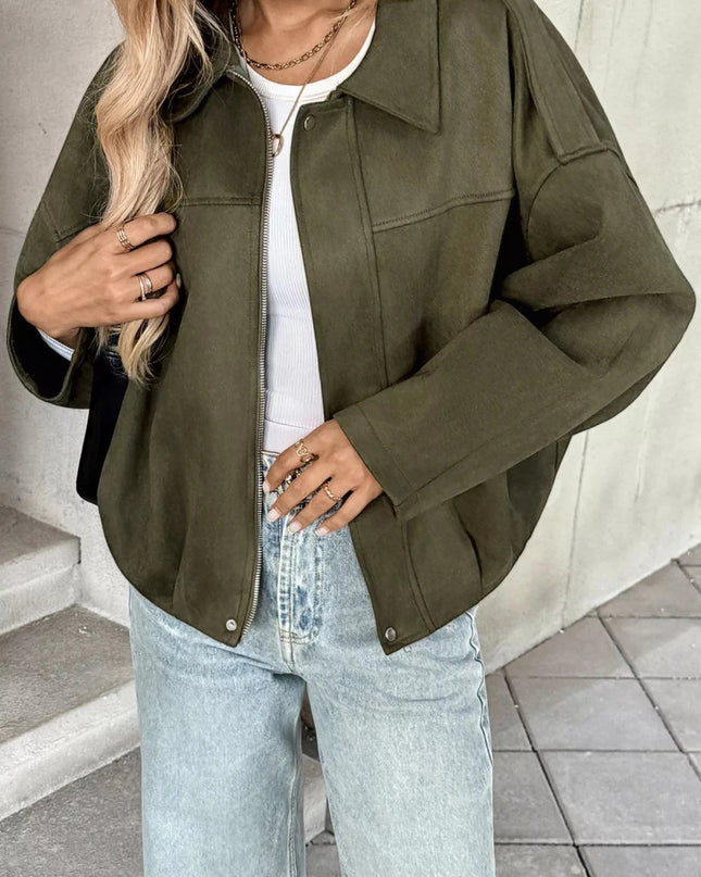 Zip Up Drop Shoulder Jacket - Trendsi