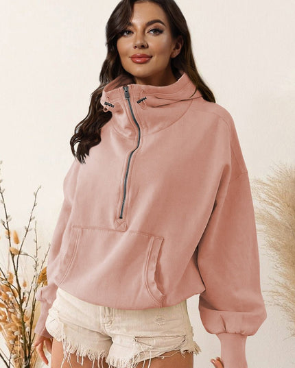Zip - Up Dropped Shoulder Hoodie - Trendsi