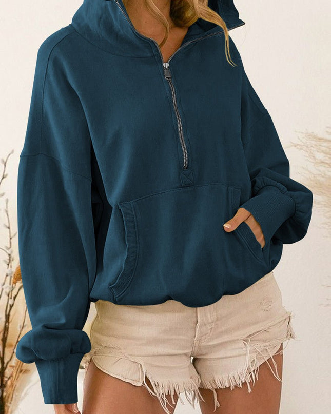 Zip - Up Dropped Shoulder Hoodie - Trendsi
