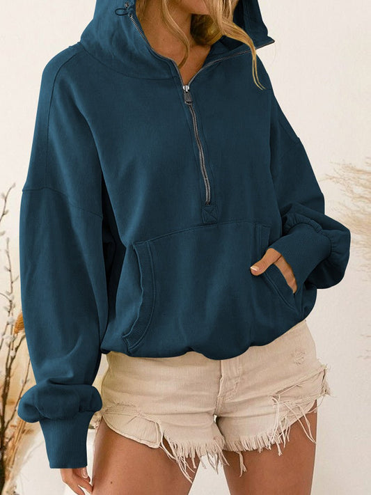 Zip - Up Dropped Shoulder Hoodie - Trendsi