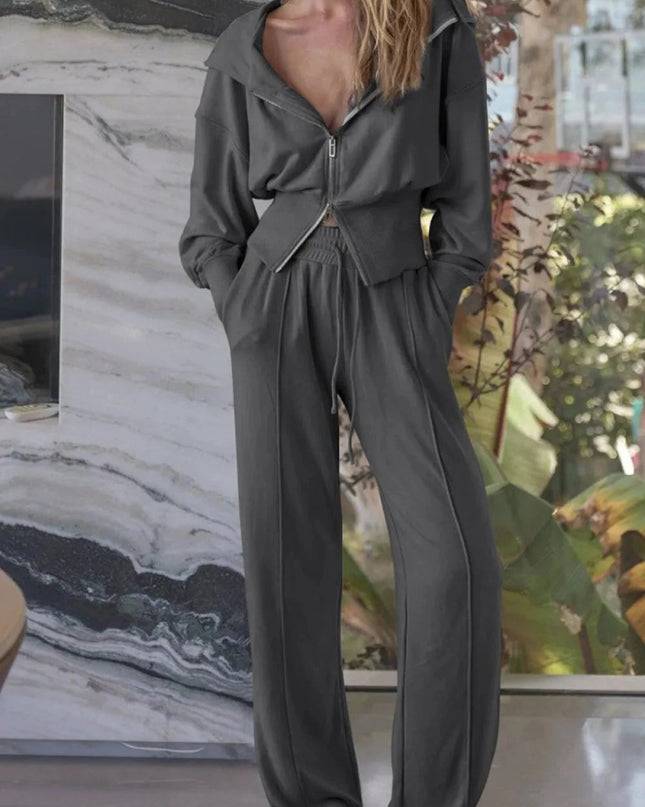 Zip - Up Hoodie and Pants Active Set - Trendsi