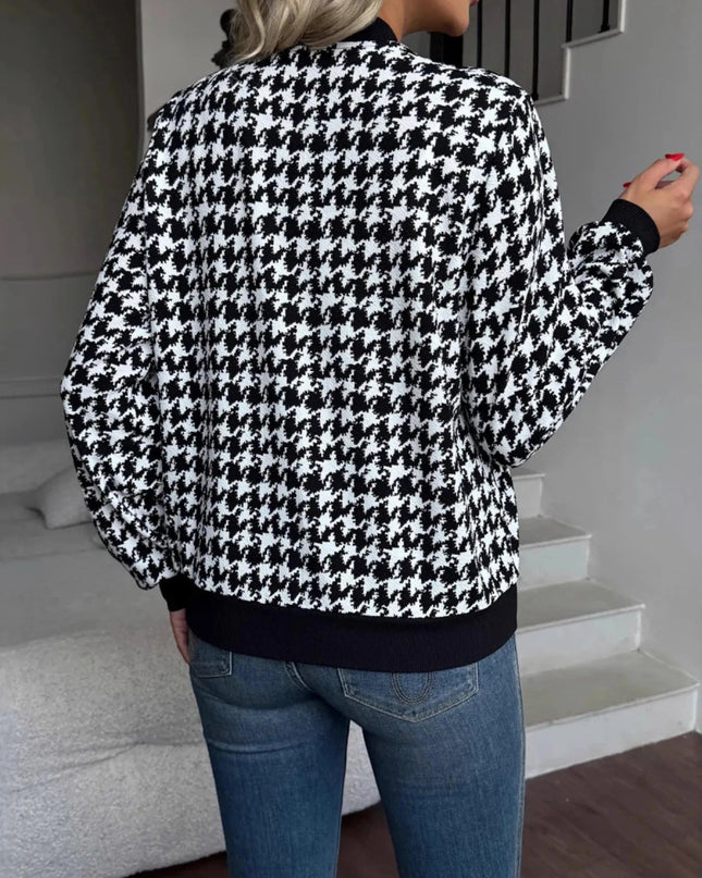 Zip Up Houndstooth Pattern Jacket - Trendsi