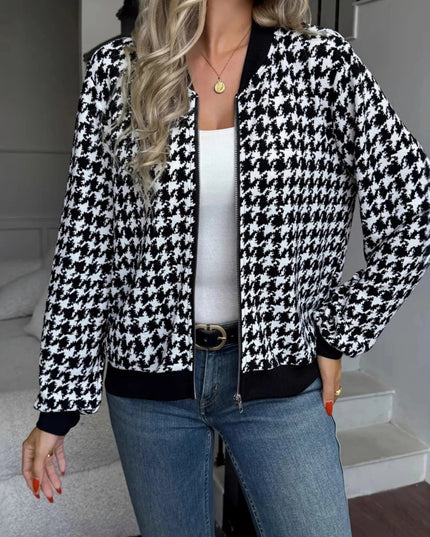 Zip Up Houndstooth Pattern Jacket - Trendsi