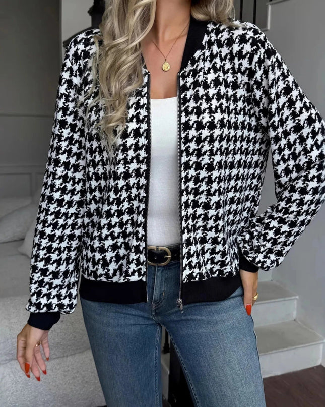 Zip Up Houndstooth Pattern Jacket - Trendsi