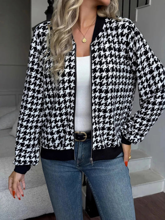 Zip Up Houndstooth Pattern Jacket - Trendsi