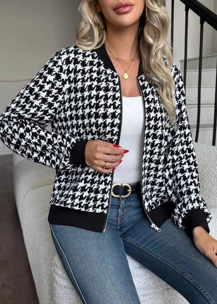 Zip Up Houndstooth Pattern Jacket - Trendsi