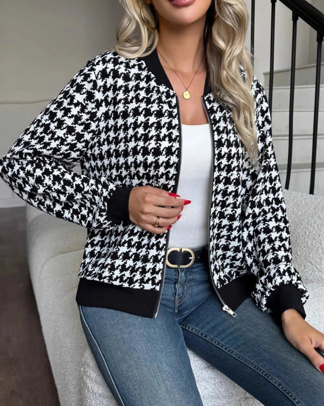 Zip Up Houndstooth Pattern Jacket - Trendsi