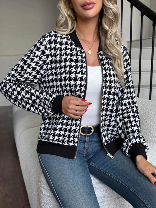 Zip Up Houndstooth Pattern Jacket - Trendsi