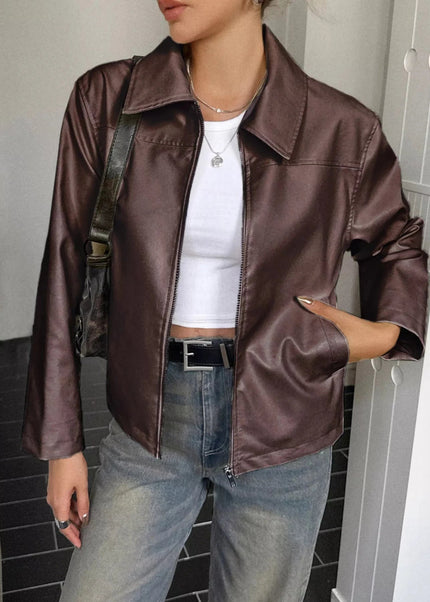 Zip Up Leather Jacket - Trendsi