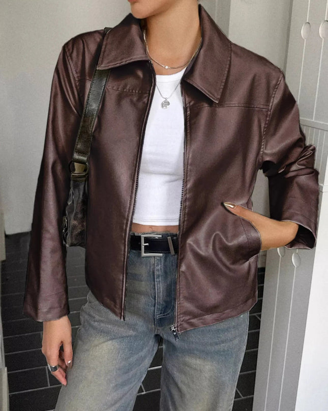 Zip Up Leather Jacket - Trendsi