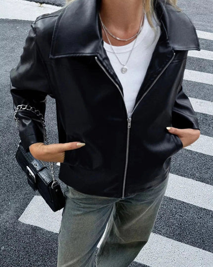 Zip Up Leather Jacket - Trendsi