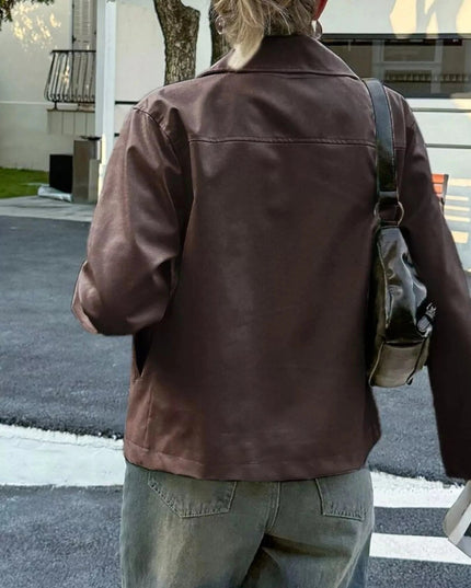 Zip Up Leather Jacket - Trendsi