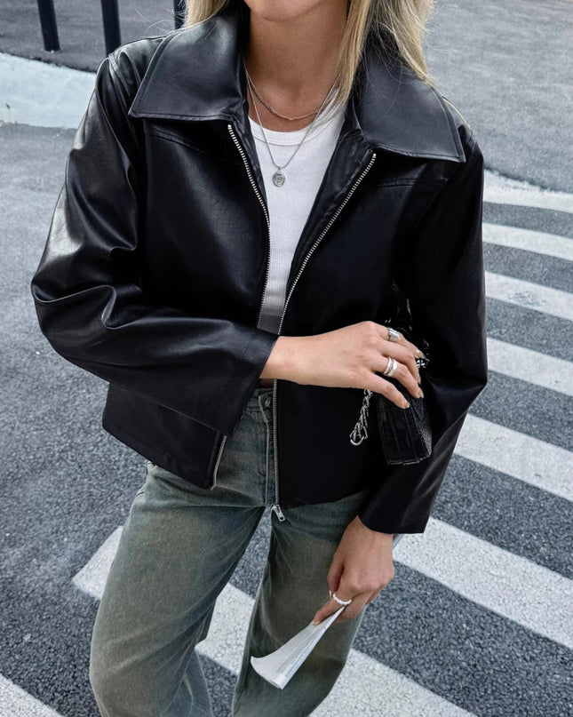 Zip Up Leather Jacket - Trendsi