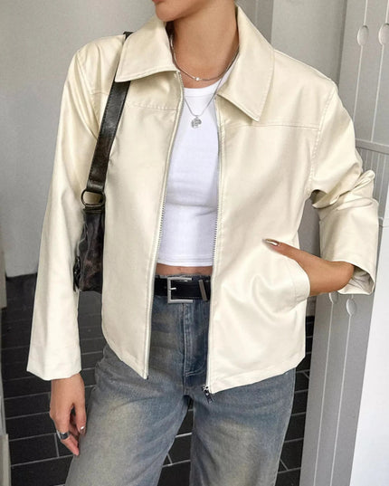 Zip Up Leather Jacket - Trendsi