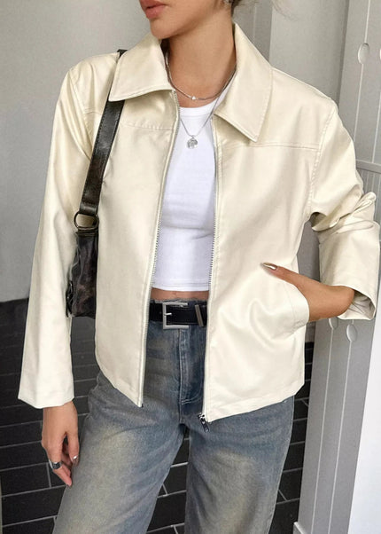 Zip Up Leather Jacket - Trendsi