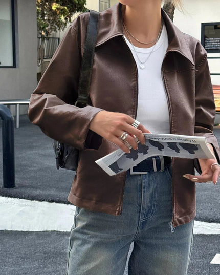 Zip Up Leather Jacket - Trendsi