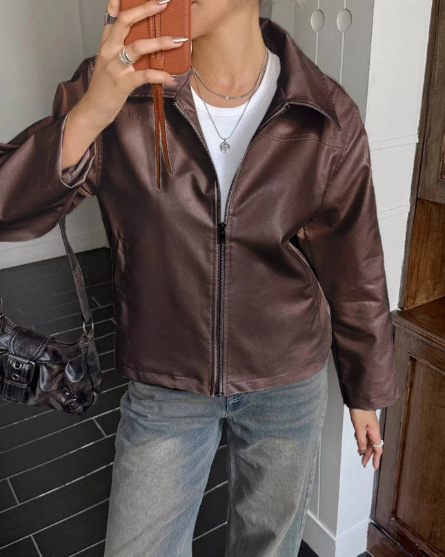 Zip Up Leather Jacket - Trendsi