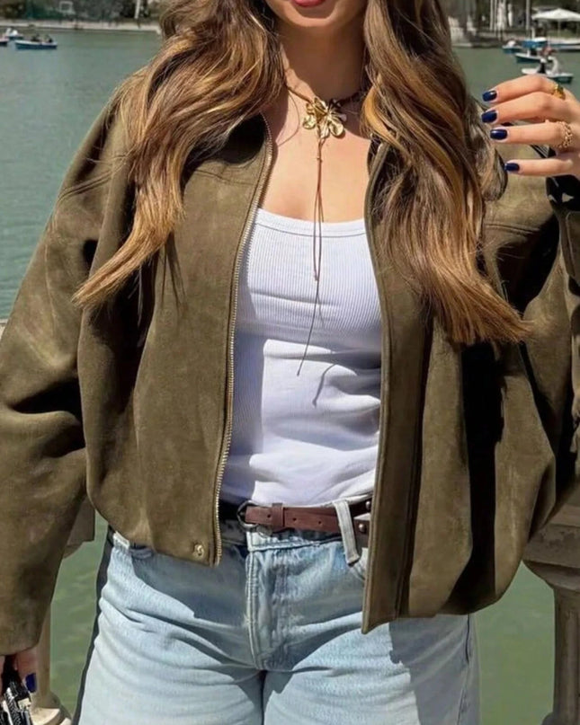 Zip Up Oversized Jacket - Trendsi