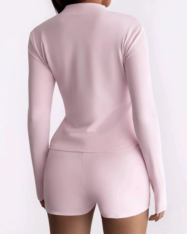 Zipper Front Long Sleeve Top and Shorts Active Set - Trendsi