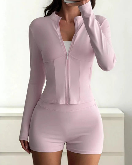 Zipper Front Long Sleeve Top and Shorts Active Set - Trendsi